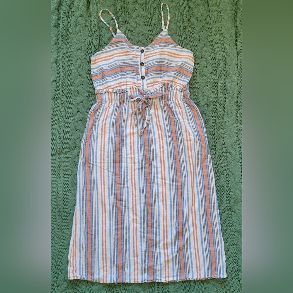Japna 100% Cotton Blue and Orange Striped Midi Dress